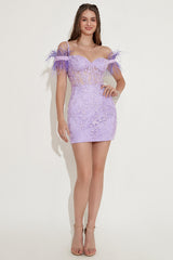 Lavender Off the Shoulder Homecoming Dress with Feathers