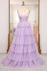 Elegant Lilac A Line Tiered Long Corset Prom Dress With Appliques