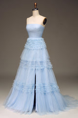 Light Blue A Line Long Tiered Prom Dress