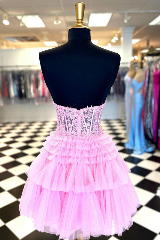 Sparkly Pink Corset Tiered Short A-Line Tulle Homecoming Dress with Lace