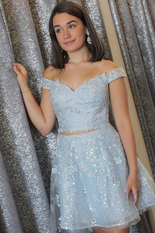 Sparkly Light Blue Lace A-Line Cut Out Short Homecoming Dress