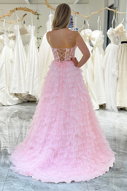 Pink A Line Tiered Sweetheart Long Corset Prom Dress