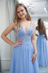 Light Blue A Line Long Corset Prom Dress