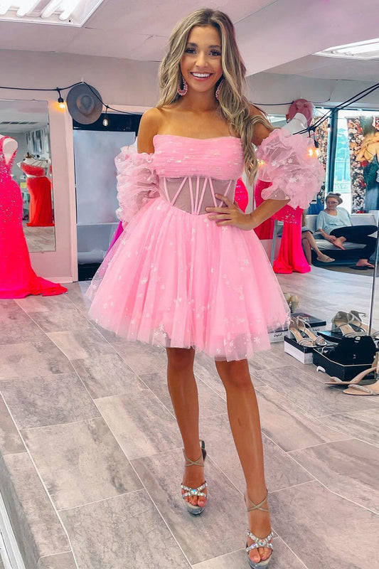 Pink Corset Detachable Sleeves A-Line Tulle Homecoming Dress