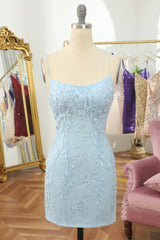 Light Blue Short Tight Homecoming Dress with Lace Beading