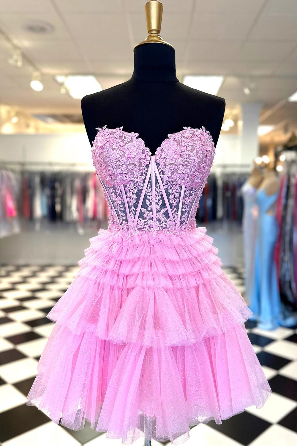 Sparkly Pink Corset Tiered Short A-Line Tulle Homecoming Dress with Lace