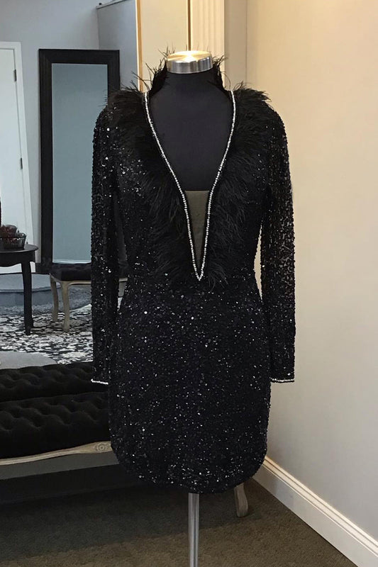 Sparkly Black Long Sleeves Sequins Tight Beaded Short Homecoming Dress with Feathers