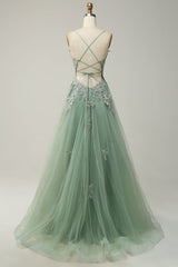 Dark Green A-Line Tulle Appliques Long Prom Dress with Slit