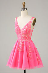 Fuchsia Sequined V Neck Backless Short Homecoming Dress