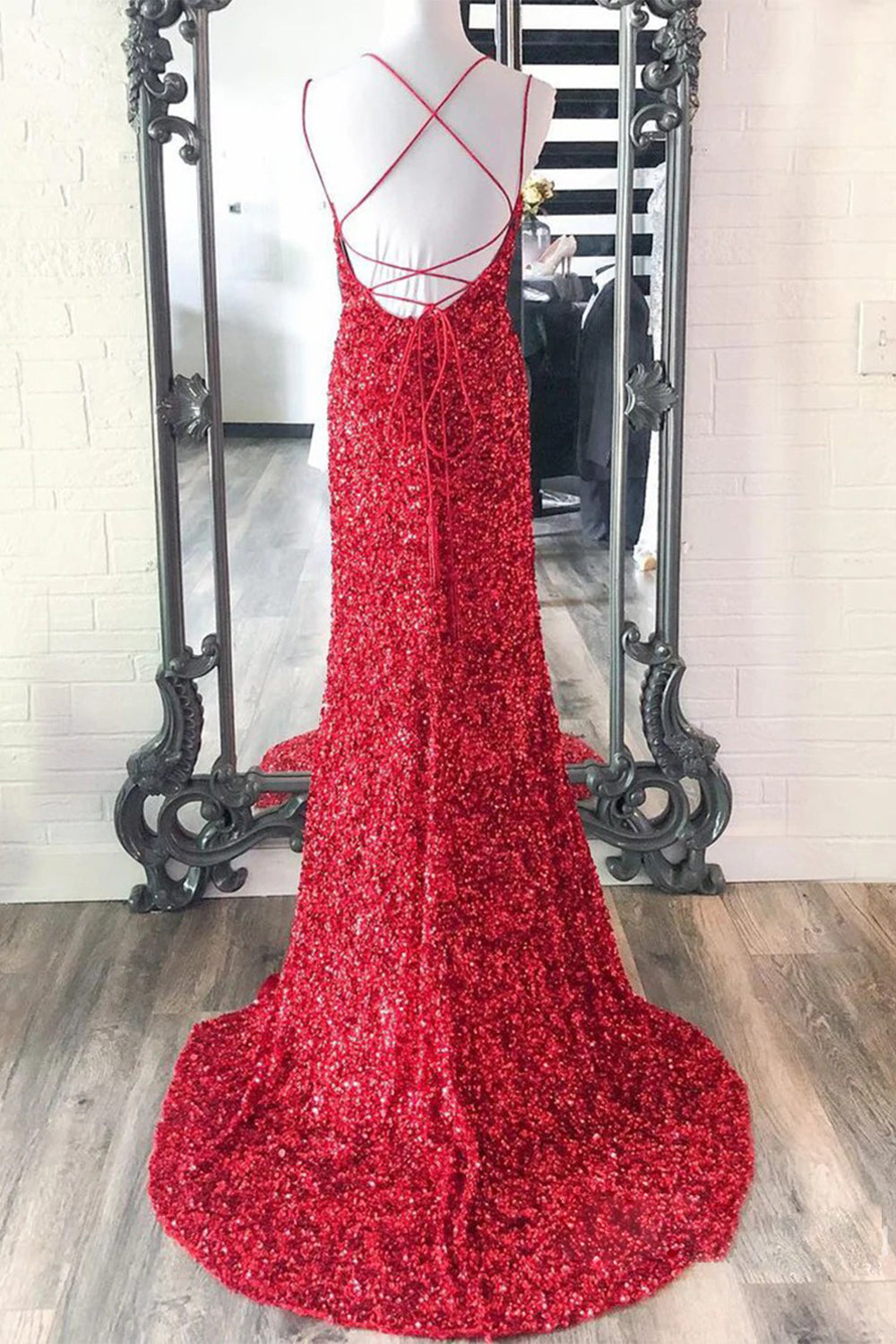 Mermaid Red Sequins Long Prom Dress with Slit