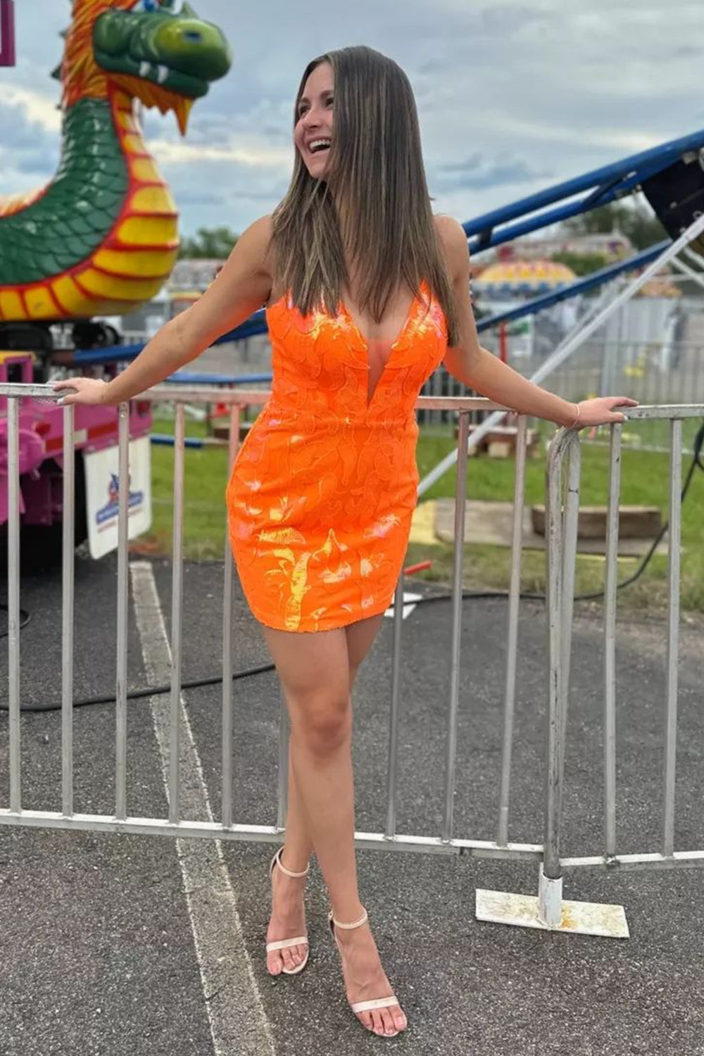 Sparkly Orange Sequins Lace-Up Back Tight Short Homecoming Dress