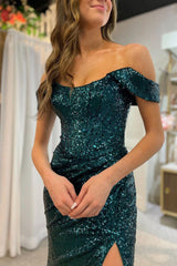 Dark Green Off Shoulder Mermaid Prom Dress with Slit