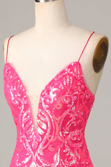 Sheath Spaghetti Straps Fuchsia Sequins Short Homecoming Dress