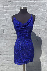 Sparkly Royal Blue Ruched Tight Short Sequins Homecoming Dress