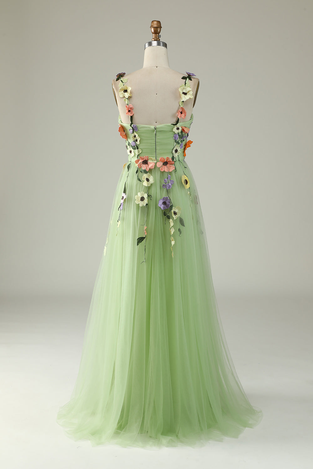 Green Spaghetti Straps Prom Dress With 3D Flowers