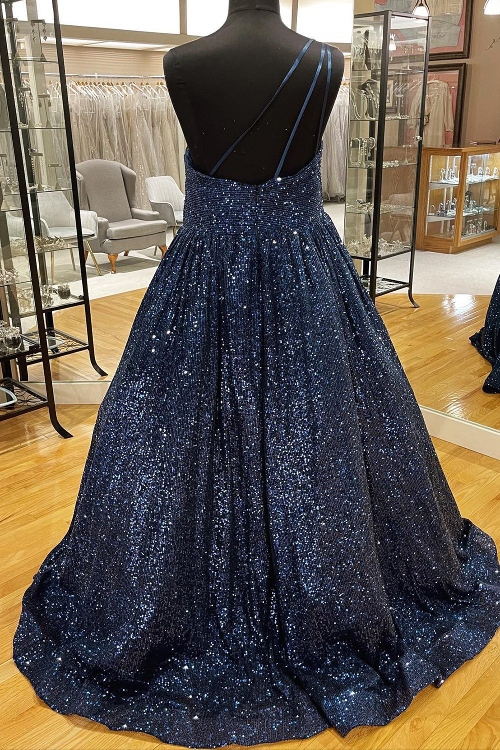 Blue One Shoulder A Line Sequins Prom Dress