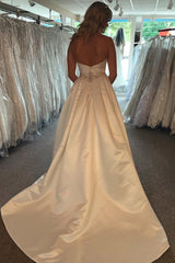 Elegant A-Line Satin Sweetheart White Long Simple Wedding Dress with Beading