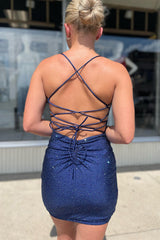 Sparkly Navy Beaded Spaghetti Straps Lace-Up Back Tight Short Homecoming Dress