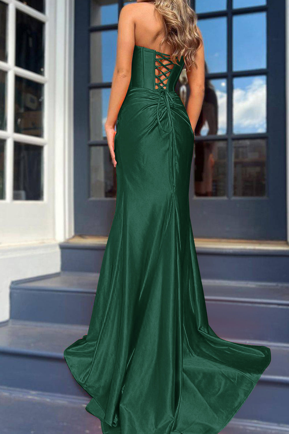 Royal Blue Corset Mermaid Draped Satin Long Prom Dress with Slit