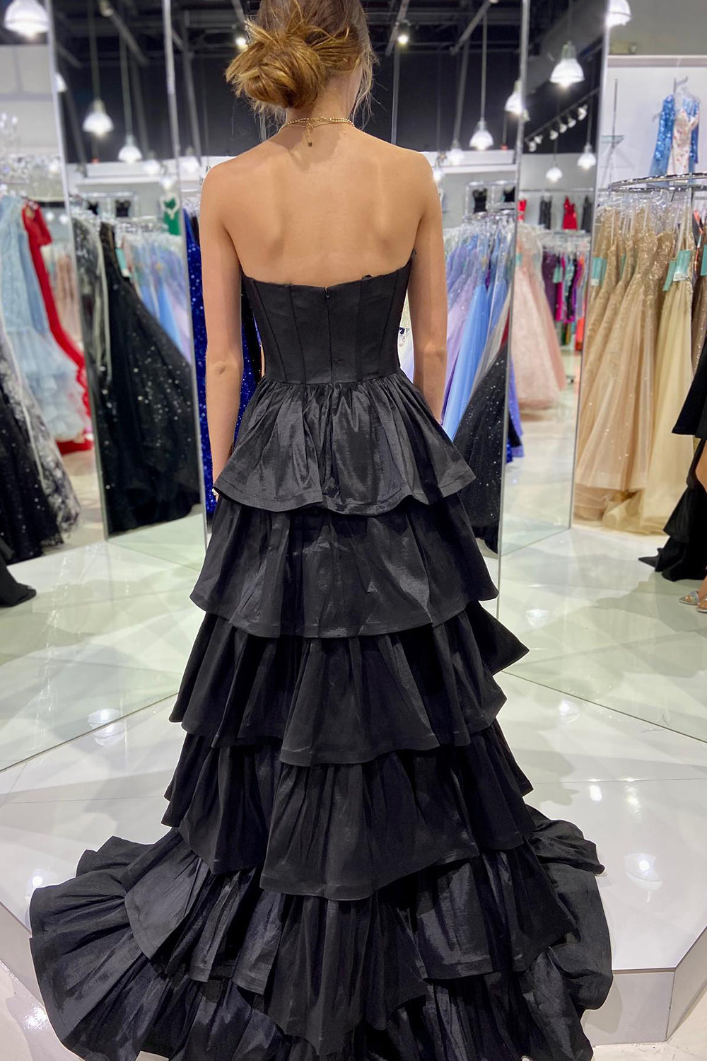 Simple Black A-Line Corset Sweetheart High Low Tiered Prom Dress