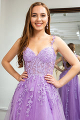 Lilac Tulle A Line Backless Appliqued Long Corset Prom Dress With Slit