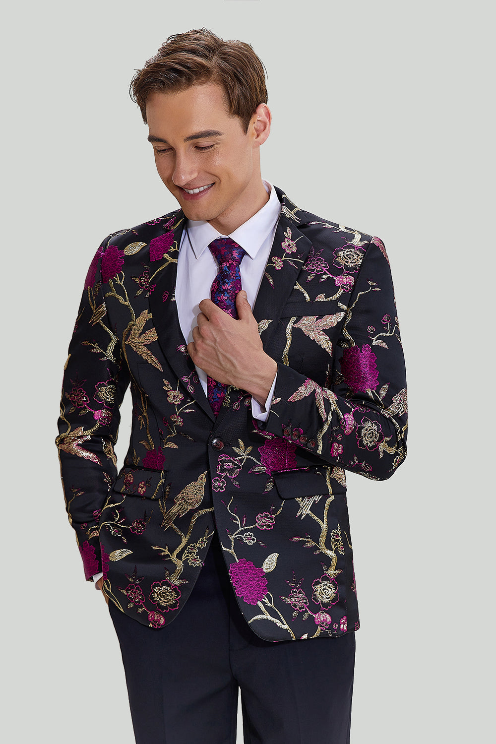 Timeless Black Jacquard Satin Notched Lapel Blazer