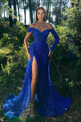 Sequin Royal Blue Evening Dress with Slit