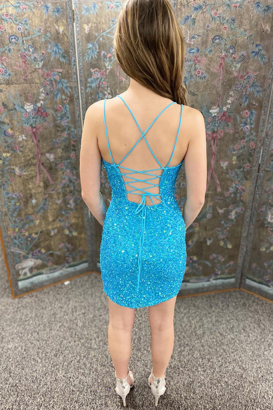 Sparkly Light Blue Sequined Tight Short Homecoming Dress