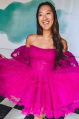 Fuchsia Corset Puff Sleeves A-Line Short Homecoming Dress with Ruffles