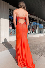 Orange Beaded Open Back Long Prom Dress