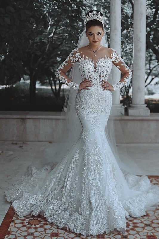 White Lace Long Sleeve Mermaid Wedding Dress