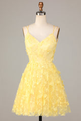 A Line Spaghetti Straps Yellow Short Homecoming Dress with Appliques