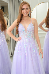 Lilac A Line Tulle Backless Long Prom Dress With Sequined Appliques