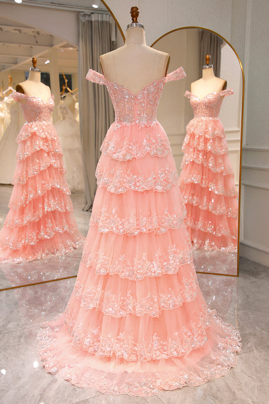 Glitter Blush Tiered A-Line Long Prom Dress with Lace