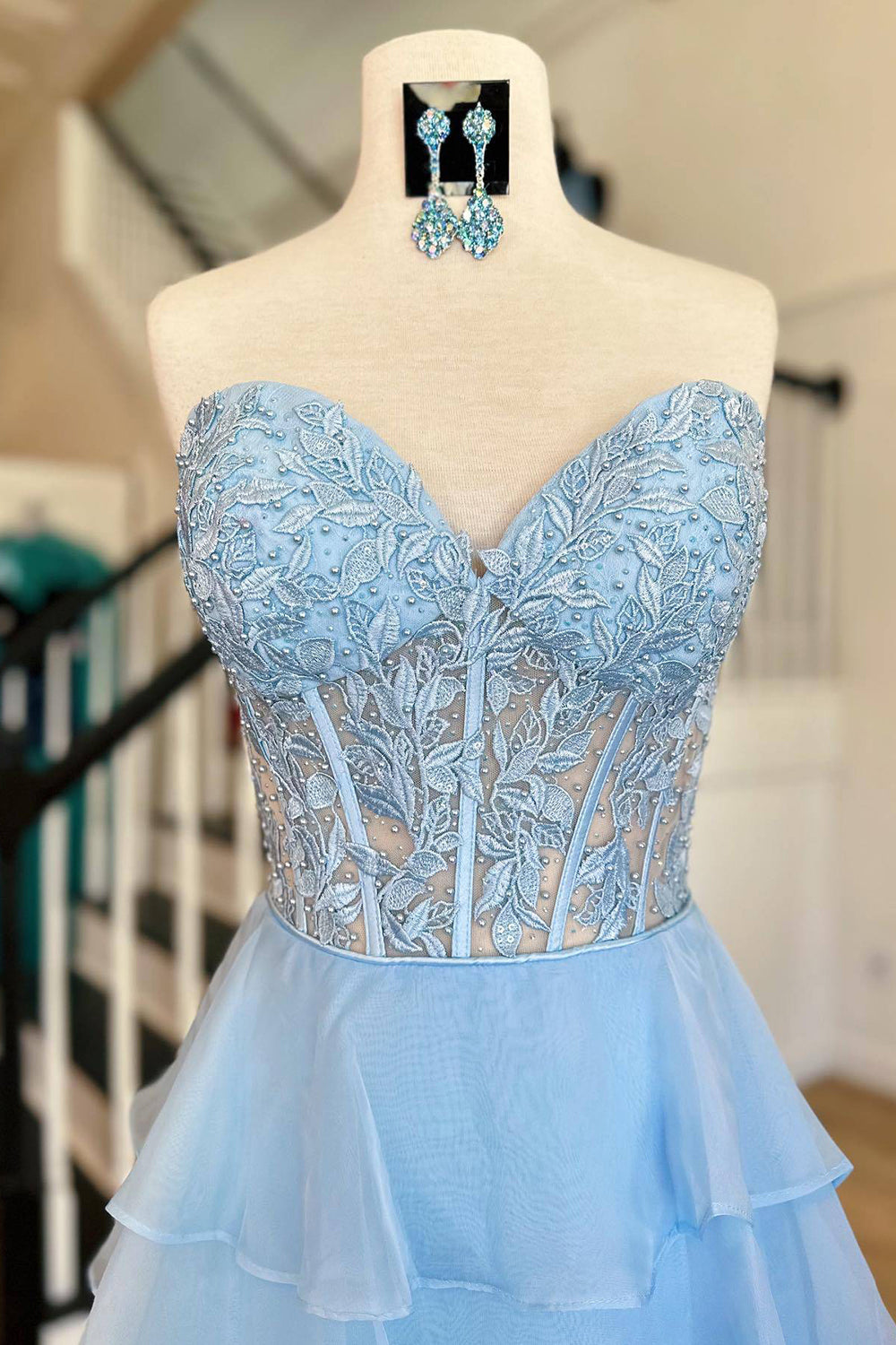 Light Blue A-Line Tiered Chiffon Long Prom Dress with Lace