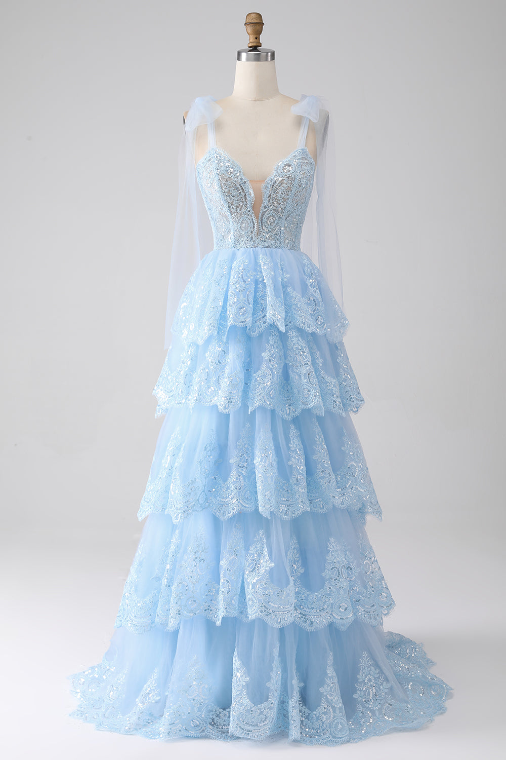 Blue Ruffled Tiered Lace A-Line Long Prom Dress