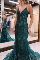 Sequins A-Line Evening Dress with Appliques, Tulle, and Spaghetti Straps