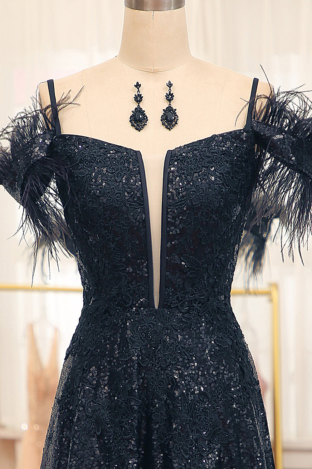 Glitter Black A Line Long Prom Dress With Feather