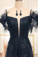 Glitter Black A Line Long Prom Dress With Feather