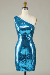 Glitter Royal Blue One Shoulder Sequins Tight Hoco Dress