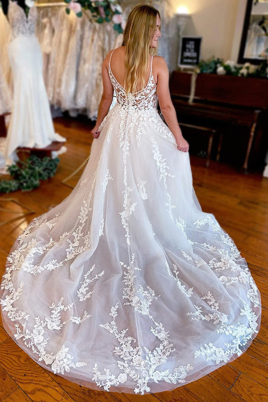 Delicate Ivory A-Line Spaghetti Straps Long Lace Wedding Dress