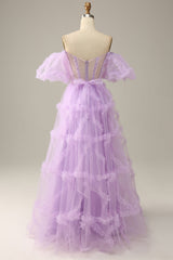 A Line Off the Shoulder Pink Tulle Corset Prom Dress with Bowknot