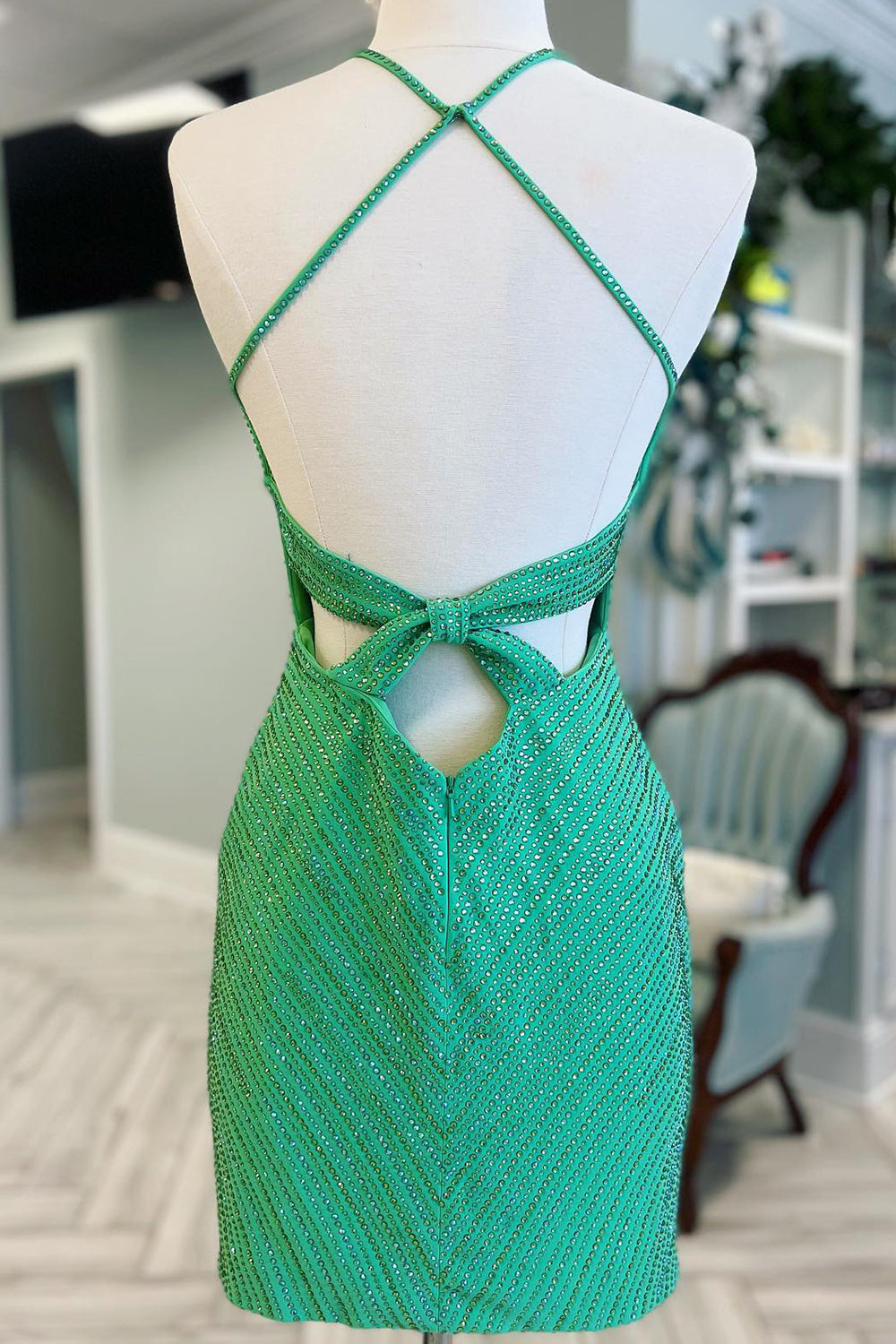 Sparkly Green Beaded Sequin Backless Tight Short Homecoming Dress