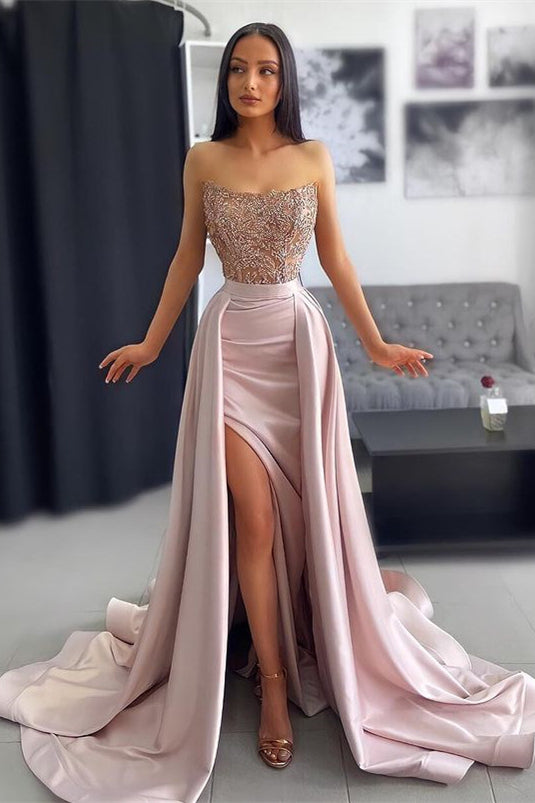 Pink Off-the-Shoulder Sleeveless Evening Dress with Applique Pleats