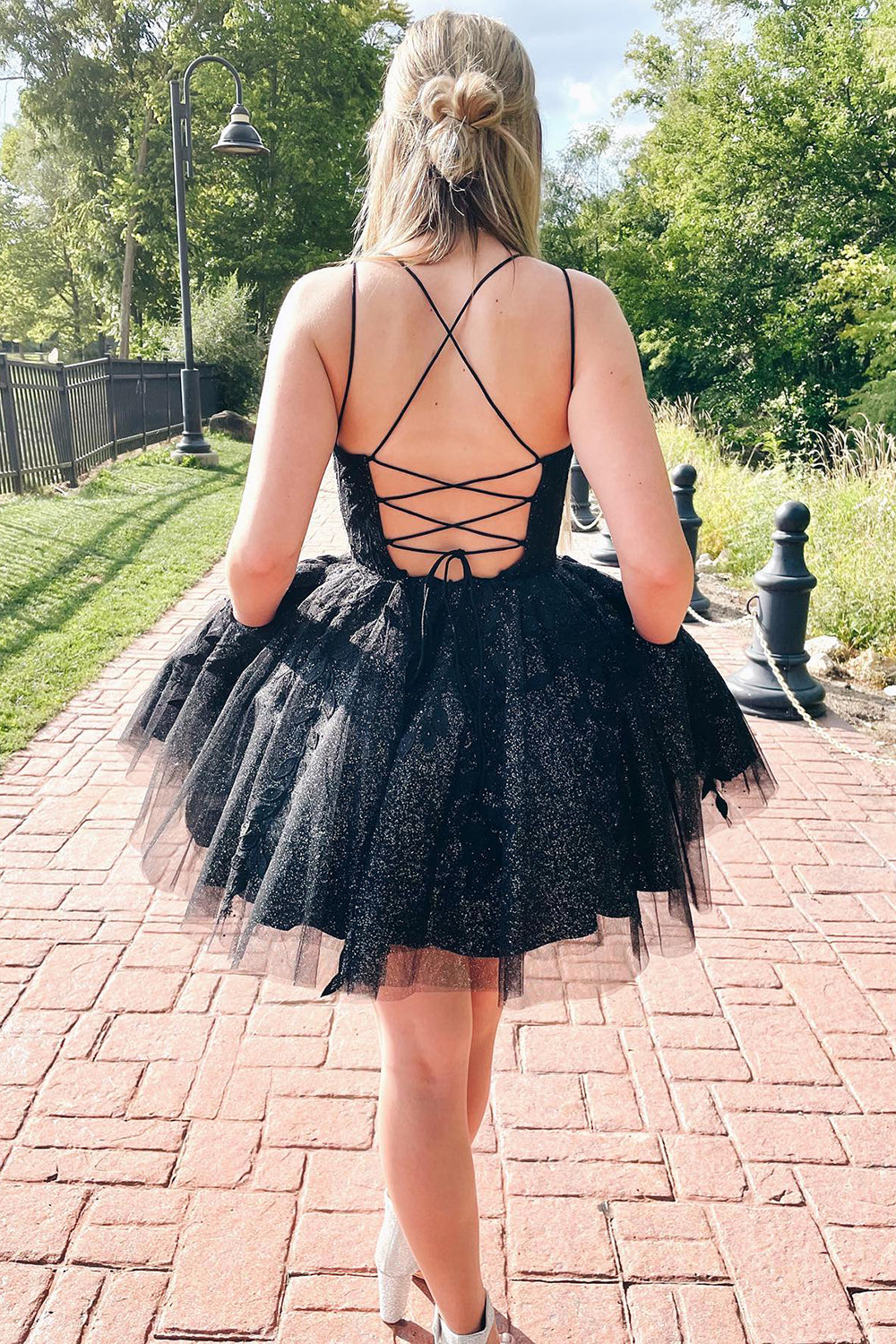 Glitter Black A-Line Tulle Short Homecoming Dress with Lace