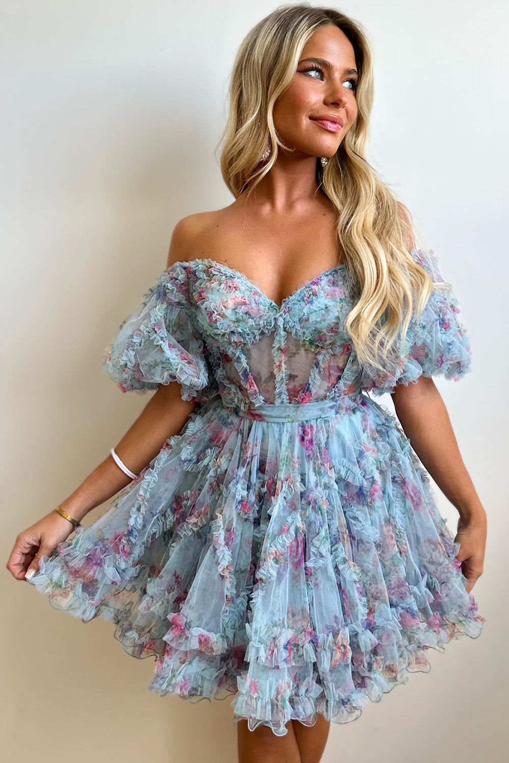 Blue Floral Corset A-Line Short Homecoming Dress