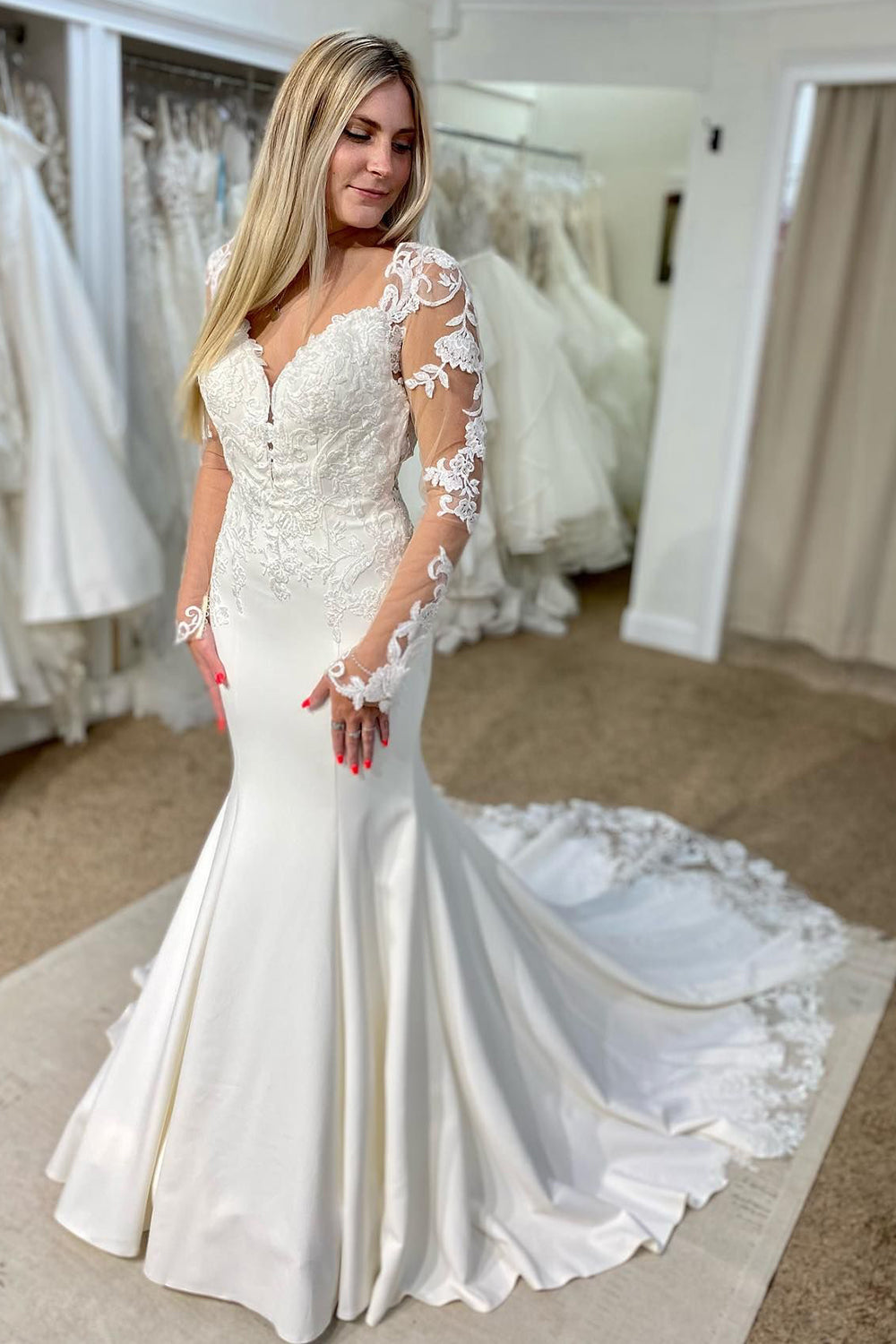 Beautiful White V-Neck Mermaid Long Wedding Dress with Lace