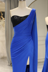 Royal Blue Mermaid One Shoulder Long Prom Dress With Slit