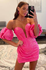 Sparkly Hot Pink Corset Detachable Sleeves Tight Short Homecoming Dress