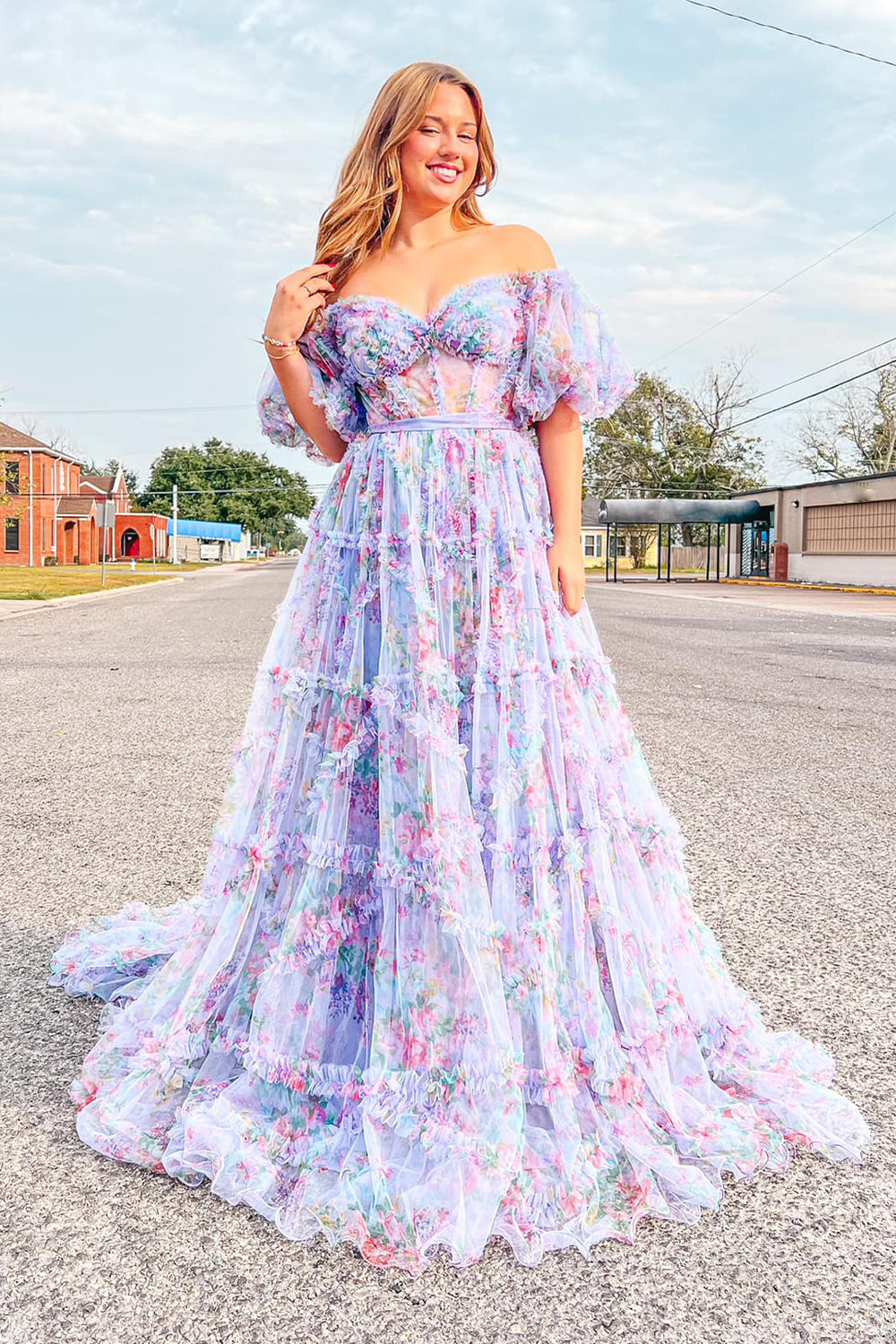 Red Floral Off the Shoulder Long Prom Dress